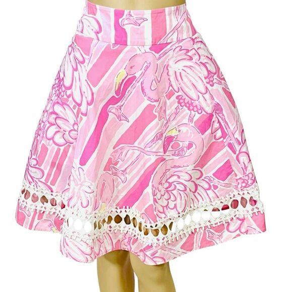 Lilly Pulitzer Vtg Skirt Pink Tropical Flamingo Flared Crochet Trim Zip/Back 0 - Picture 1 of 12